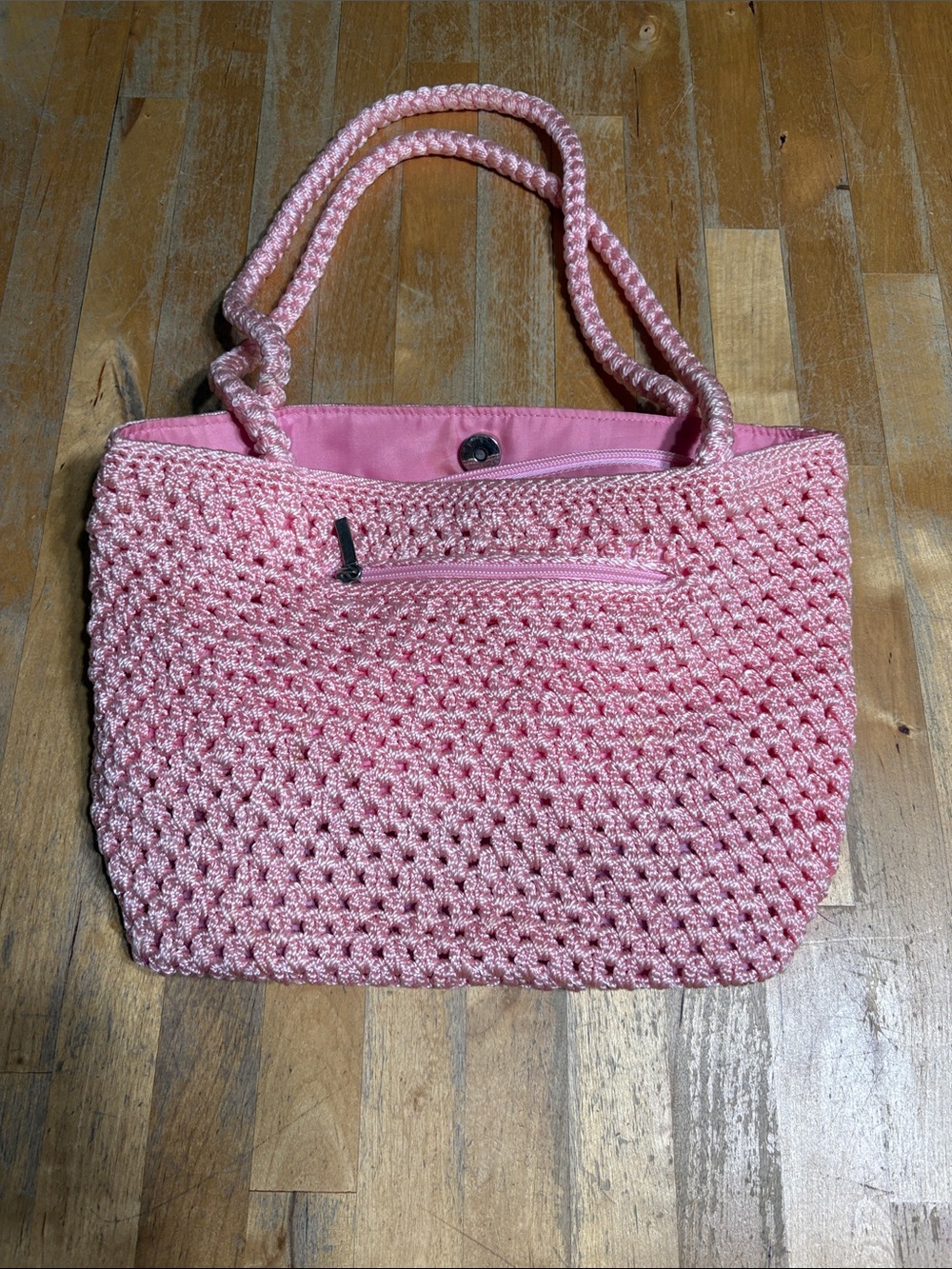 Pink Crochet Bag with Rope Handles